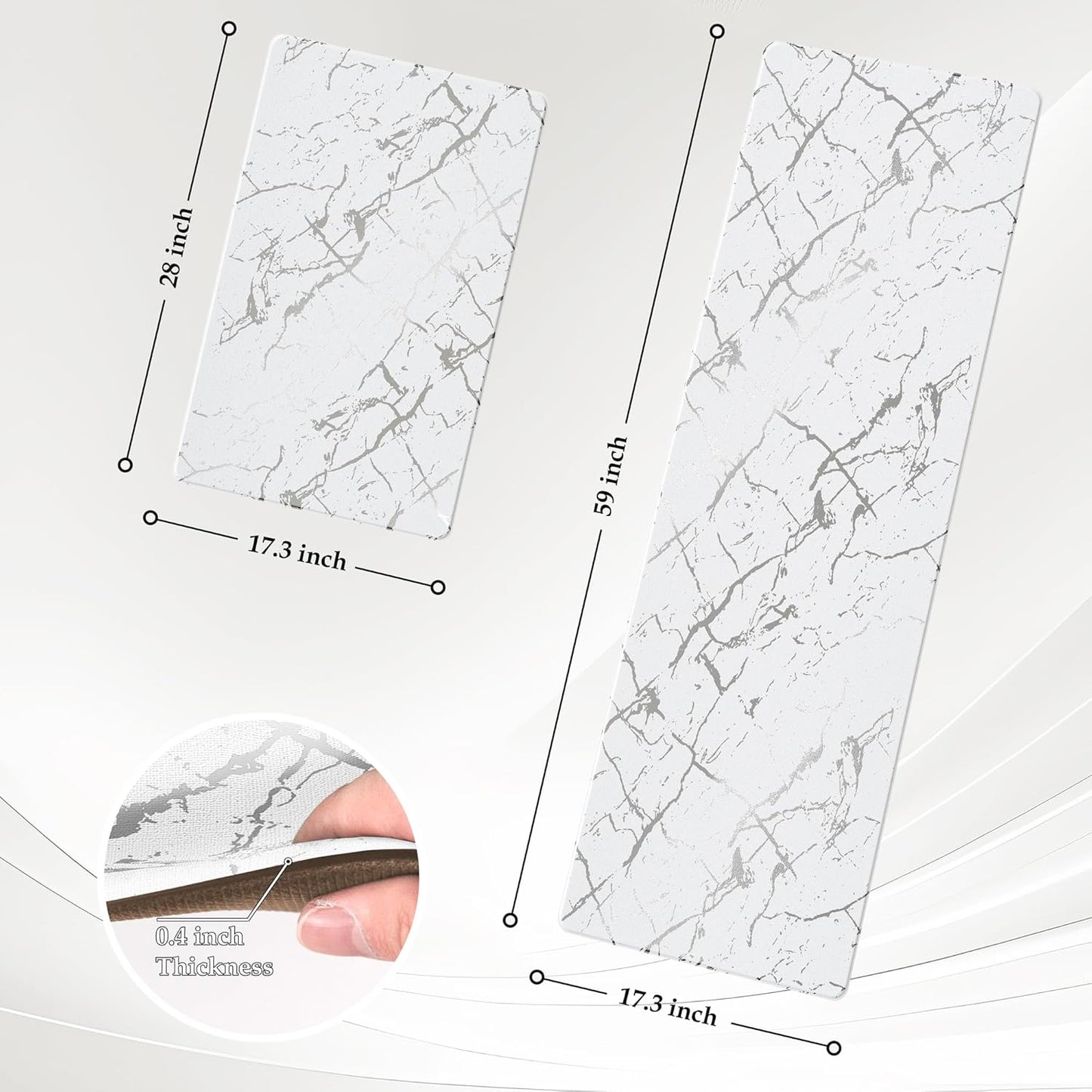 Silver Foil Stamped Marble Kitchen Mats for Floor 2PCS Cushioned Anti Fatigue Non Slip Waterproof Comfort Leather Kitchen Rugs 2/5 Inch PVC Kitchen Mats for Sink, Laundry, 17.3"x28"+17.3"x59",White