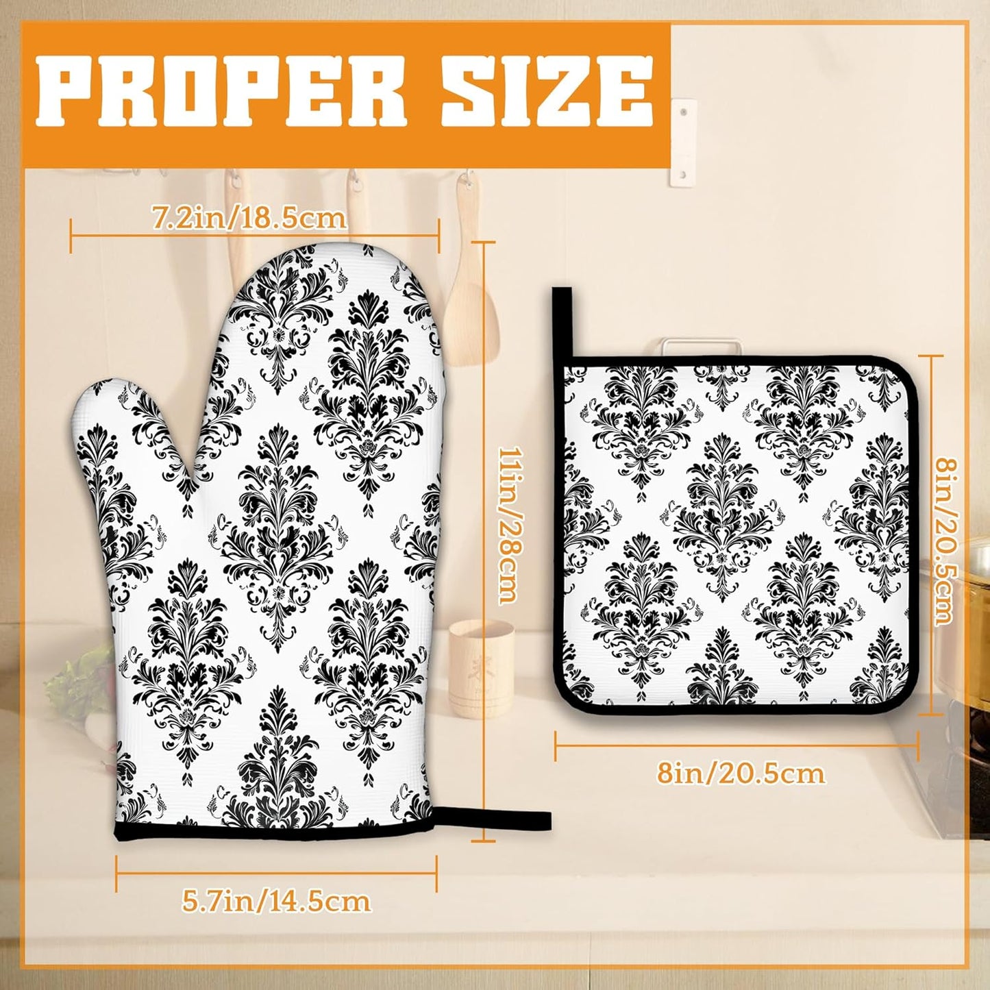 Vintage Damask Floral Oven Mitts and Pot Holders,Heat Resistant Oven Mitts Gloves and Pot Holder for Home Kitchen Decorations Cooking Baking BBQ Gifts,Set of 4