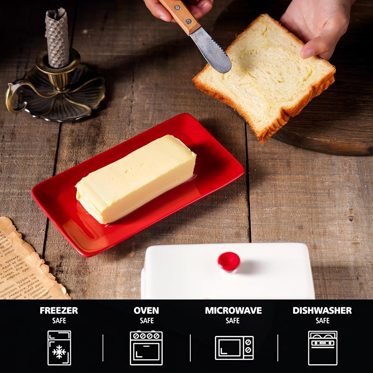 Butter Dish Ceramic Butter Keeper Butter Dish with Lid, Butter Container, RED