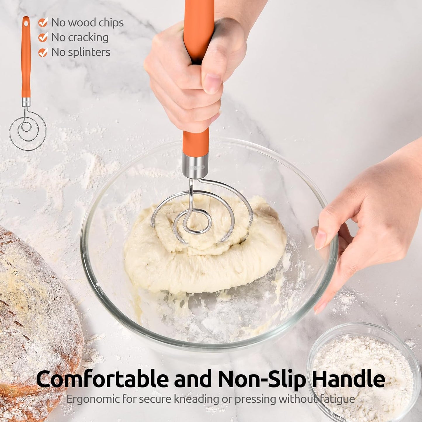 U-Taste 12.6in Danish Dough Whisk: 18/8 Stainless Steel Heavy-Duty Sourdough Mixer Tool, Food Grade Dutch Style Seamless Bread Wisk, Sturdy for Mixing, Stirring, Kneading Thick Batter (Orange)