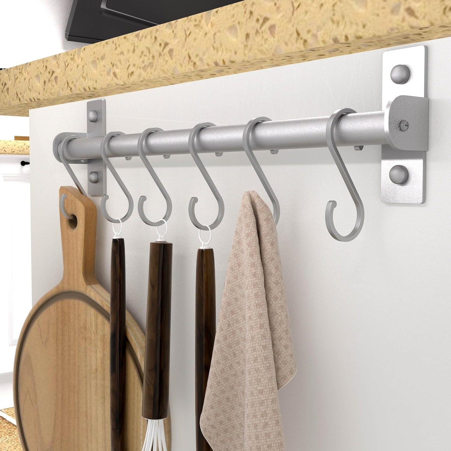 Dseap Kitchen Utensil Holder Hanger, Pot and Pan Rack Wall Mounted, Kitchen Rail with 8 Hooks for Hanging Cooking Utensils, Mugs, Spoons, Wall Mounted, Silver, Pack of 2