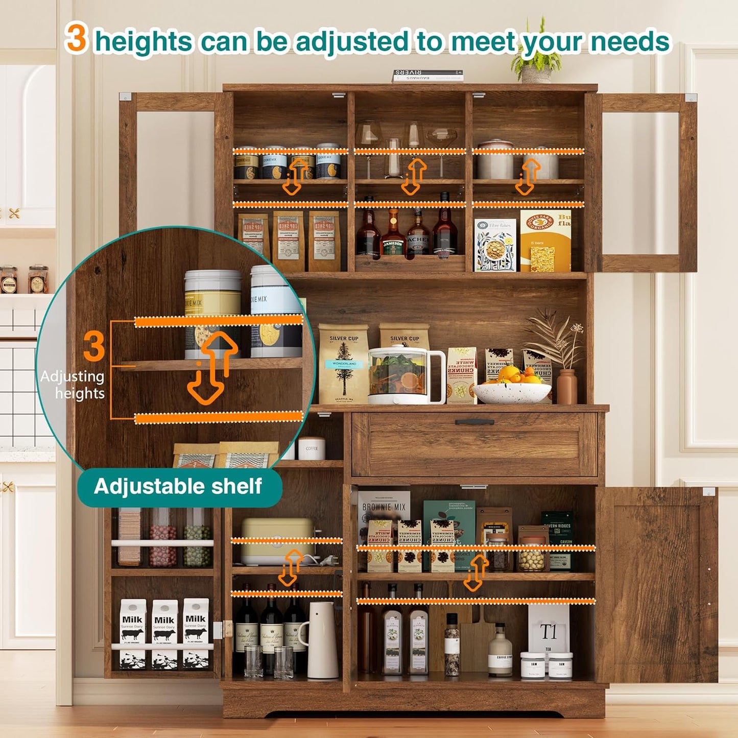 Vongrasig Tall Kitchen Pantry, Food Storage Pantry Cabinet with Hutch and Microwave Stand, Modern Coffee Bar Hutch with Adjustable Shelves for Kitchen, Dining Room, Brown