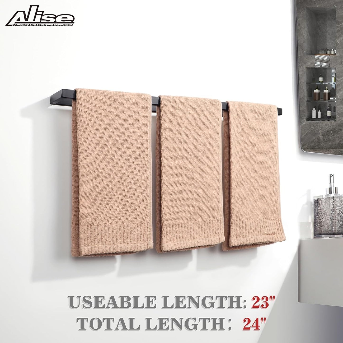 Alise Bath Towel Bars,24 Inch Towel Holder Towel Racks for Bathroom and Lavatory,SUS304 Stainless Steel Hand Towel Hanger Rail Wall Mount,Matte Black GJF060-B