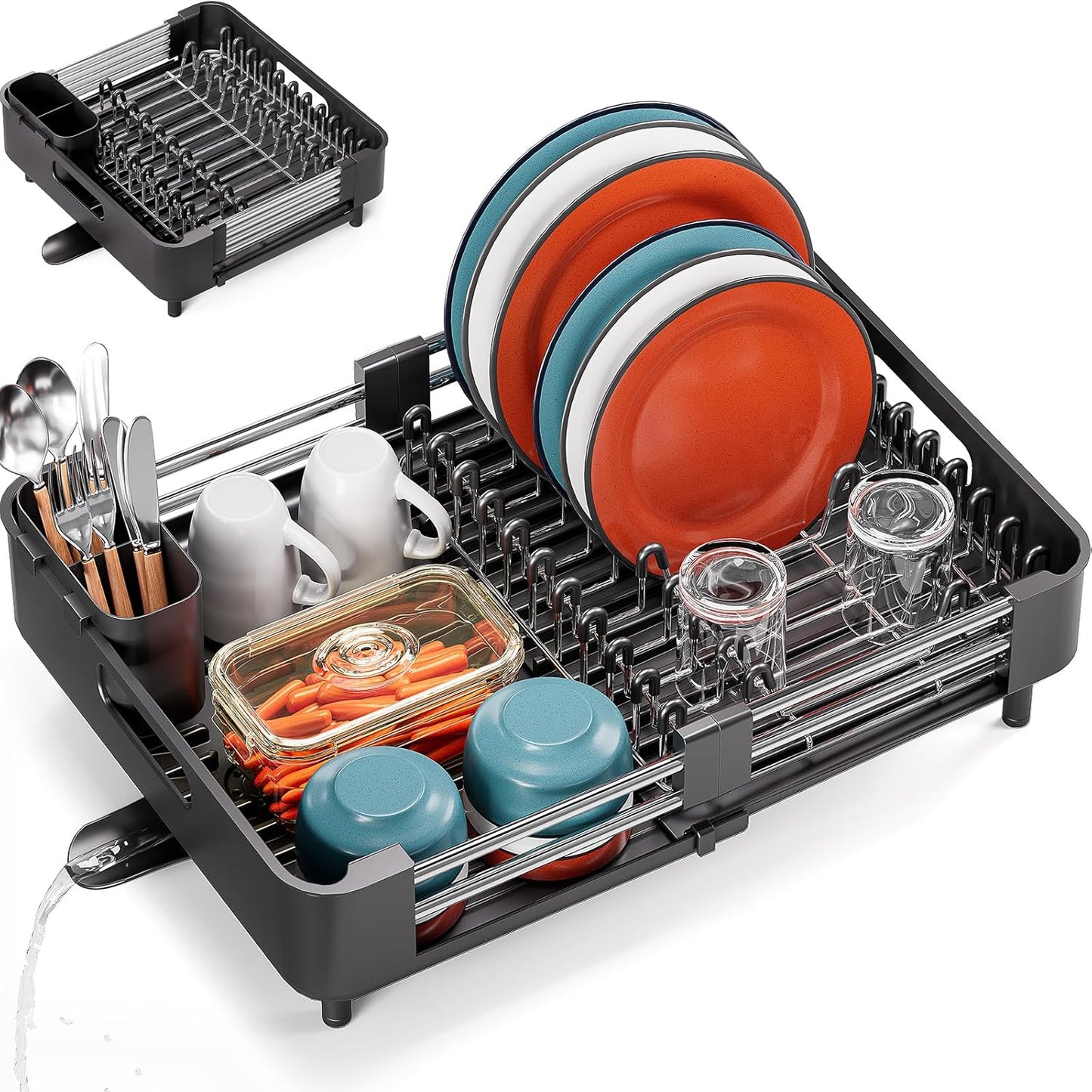 Dish Drying Rack for Kitchen Counter, Extendable Dish Rack with Drainboard, Expandable Dish Drainer, Collapsible Dish Strainer with Cutlery Holder, Foldable Home Countertop Plate Storage Rack, Black