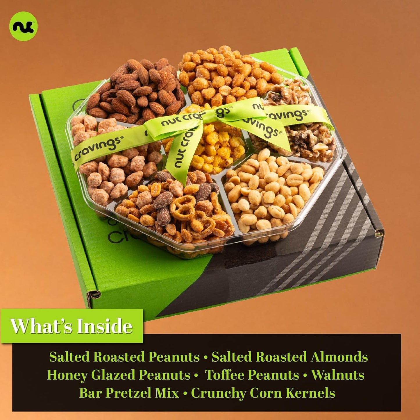 NUT CRAVINGS - Mixed Nuts Gift Basket + Green Ribbon Classic (7 Assortments, 1 LB) Food Arrangement, Healthy Snack Care Package, Food Assortments