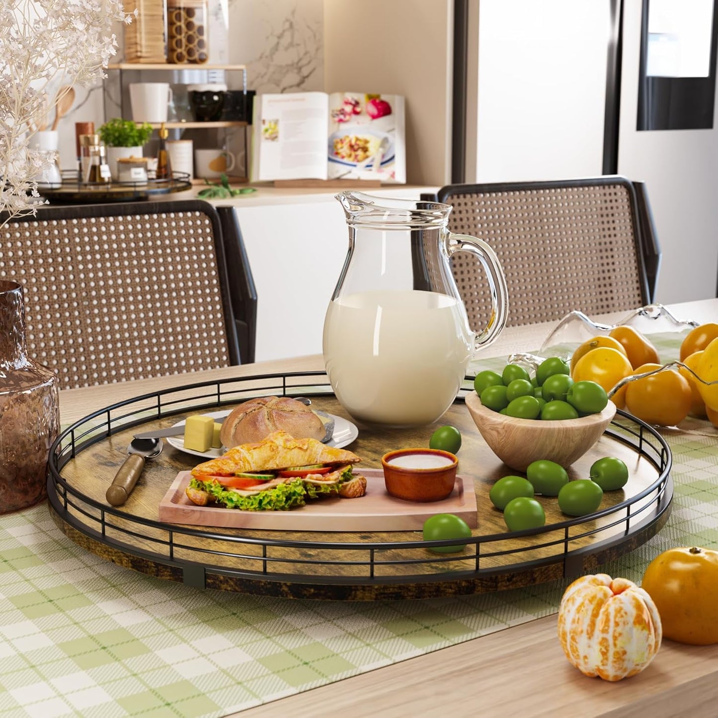 Lazy Susan Turntable Organizer for Table Top, 18’’ Round Wooden Lazy Susan for Cabinet Kitchen Countertop Pantry Dining Coffee Table for Condiments Spices, Rustic Bathroom Vanity Tray for Soap Candle