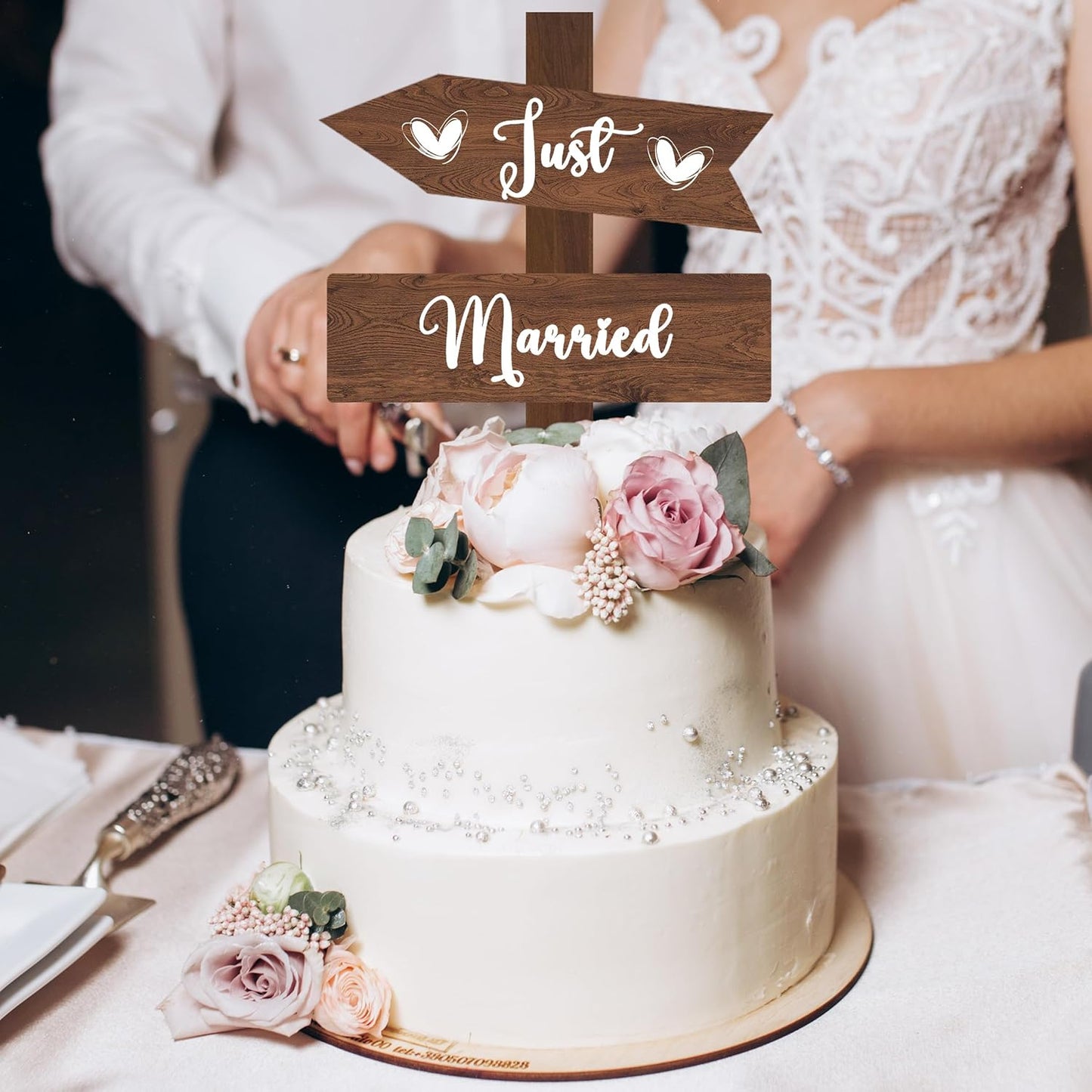 Just Married Cake Topper Rustic Wedding Cake Topper Double-Sided Wood Cake Toppers 7.48'' x 5.12'' Wedding Cake Decoration