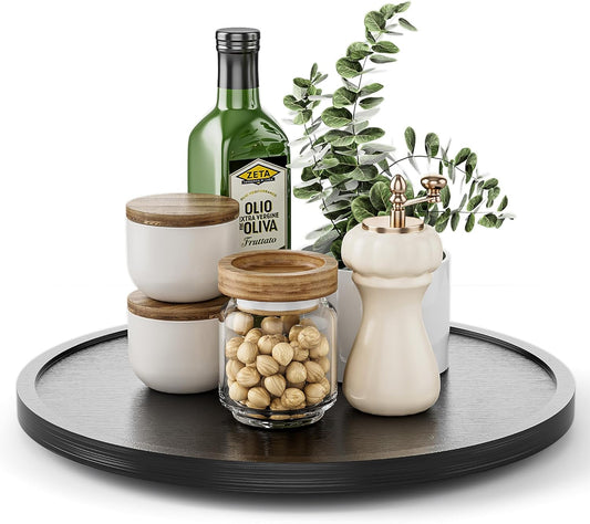 LAMU 11'' Wood Lazy Susan Organizer Turntable for Cabinet, Lazy Susan for Table Top, Pantry, Kitchen, Bathroom, Countertop, Rotating Spice Organizer, Vanity Decor Tray, Pine Wood, Black