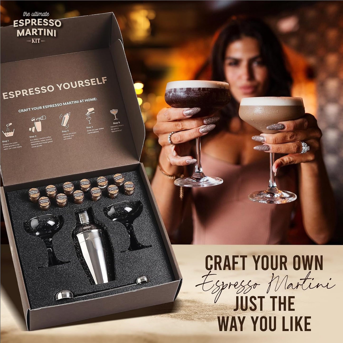 Espresso Martini Kit Gift Set– Complete Martini Maker Set with Espresso Mix, Party-Ready Accessories, and Elegant Decorations for Birthdays and Events, Birthday Gifts for Women