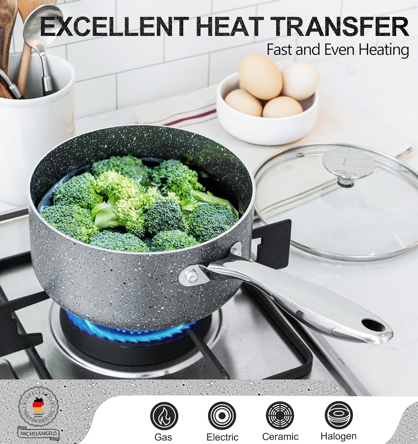 MICHELANGELO 2 Quart Saucepan with Lid, Nonstick Sauce Pan with Healthy Coating, Granite Sauce Pan with Stainless Steel Handle, 2 Qt Saucepan Induction Compatible, Gray