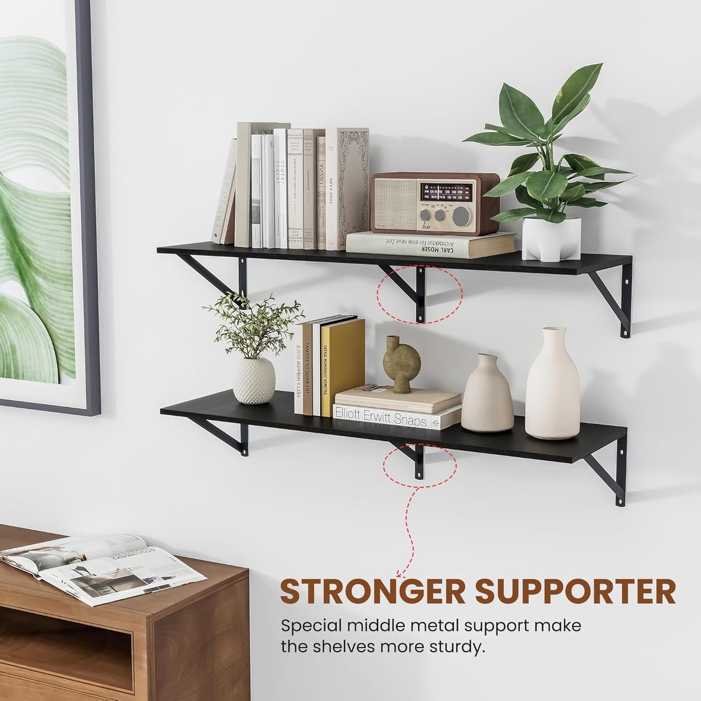 Heimlove Black Deep Floating Shelves for Wall, 36W x 12D Wood Wall Shelves Set of 2, Wide Floating Bookshelf for Living Room, Kitchen, Office, Bedroom and Decor Storage, with Metal Bracket - Black