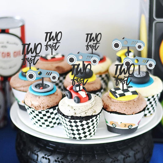 Wooden Two Fast Birthday Cupcake Toppers - Two Fast Decorations,Race Car Party Cake Toppers,Racing Car Birthday Topper (two fast cake topper)