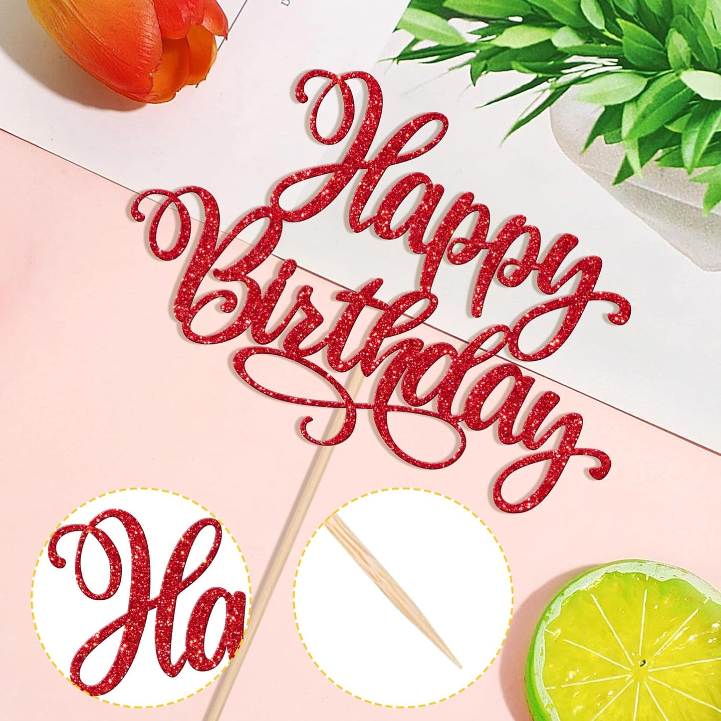 1 PCS Happy Birthday Cake Topper Glitter Happy Birthday Cake Pick Bunting Decor for Anniversary Celebrating Happy Birthday Party Cake Decorations Supplies Red