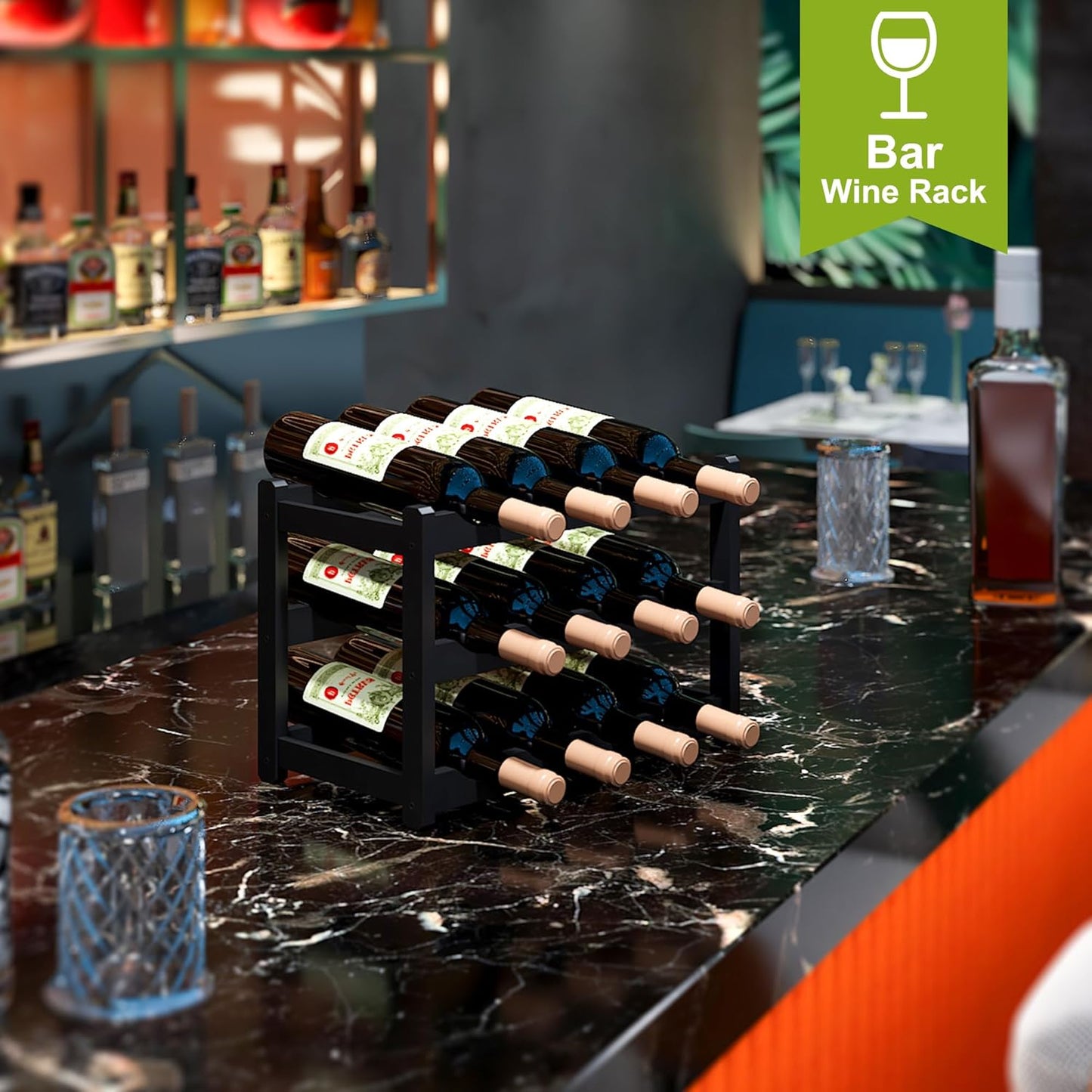 BMOSU Bamboo Wine Rack Wine Storage Cabinet Shelf 12 Bottle Wine Racks Countertop Sturdy for Kitchen Dining Room Pantry - 3 Tiers Wine Rack (Black)