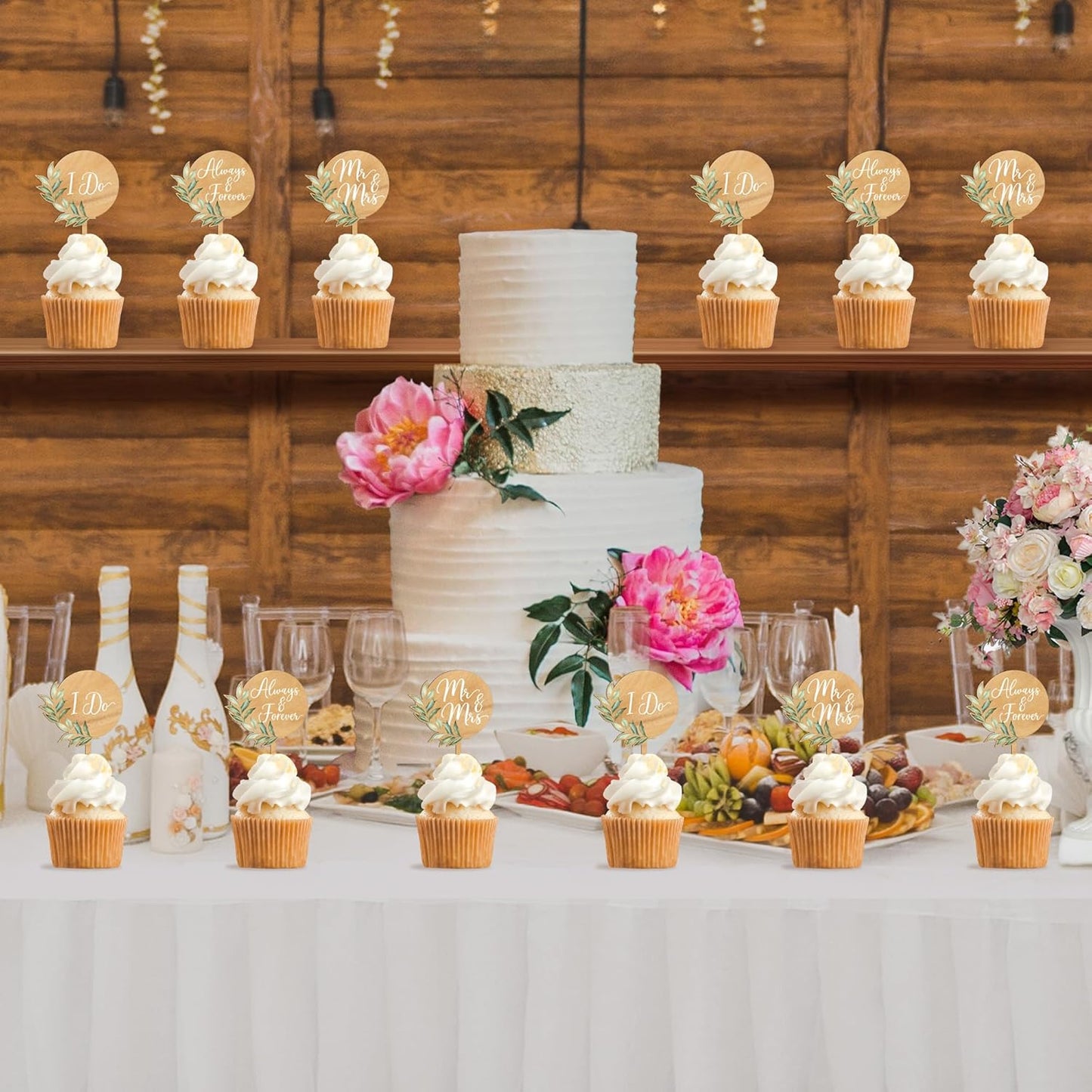 36 PCS Greeny Wedding Cupcake Toppers in Wood Mr & Mrs Engagement Cupcake Decorations