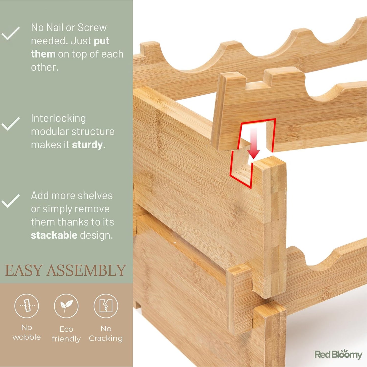 Stackable Bamboo Wine Rack for 72 Bottle, 8-Tier and Sturdy, Free Standing, Modular Wine Storage, Wine Bottle Storage for Cellar, Kitchen and Dining Room (72 Bottle)