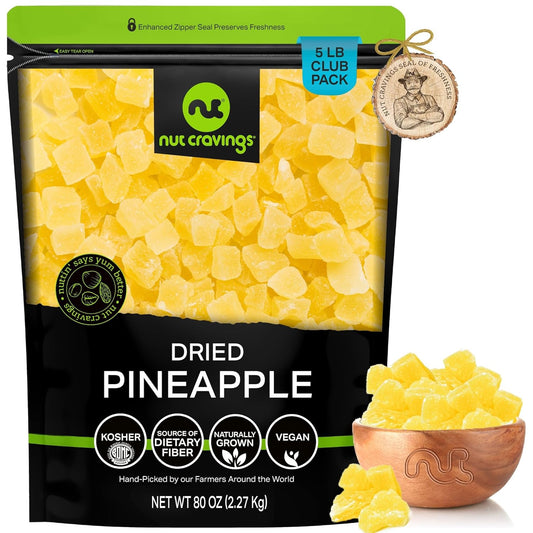 NUT CRAVINGS - Sun Dried Pineapple Chunks, Lightly Sweetened (80oz, 5 LB) Bulk Dry Fruits Packed Fresh in Resealable Bag - Sweet Healthy Snack, Naturally Grown, Vegan, Kosher