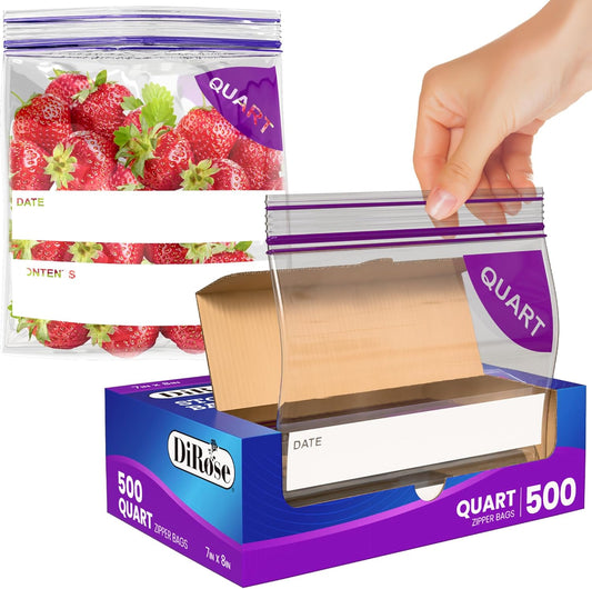 DiRose Quart Bags Pack of 500 – 1 Quart Reclosable Food Storage Bags – Practical and Durable Design – Food Safe Non-BPA Material – Easy Double Zip Closure – Ideal for Food, Snacks, Organizing