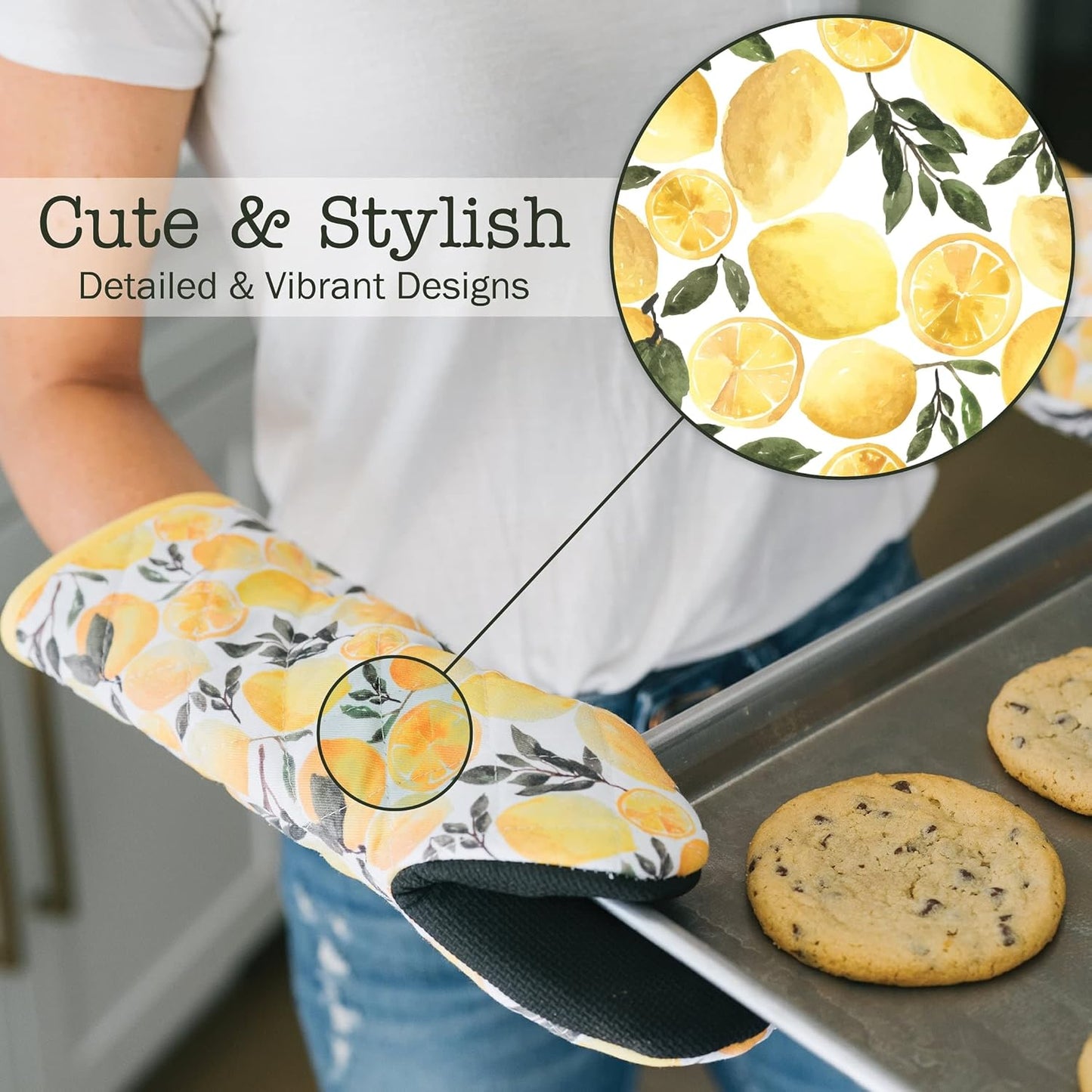 Heat Resistant Designer Kitchen Oven Mitts with Neoprene Non-Slip Grips and Hanging Loops | Set of 2 100% Cotton Long Sleeve Kitchen Oven Mitts | 5.5" x 12" | Yellow Lemons