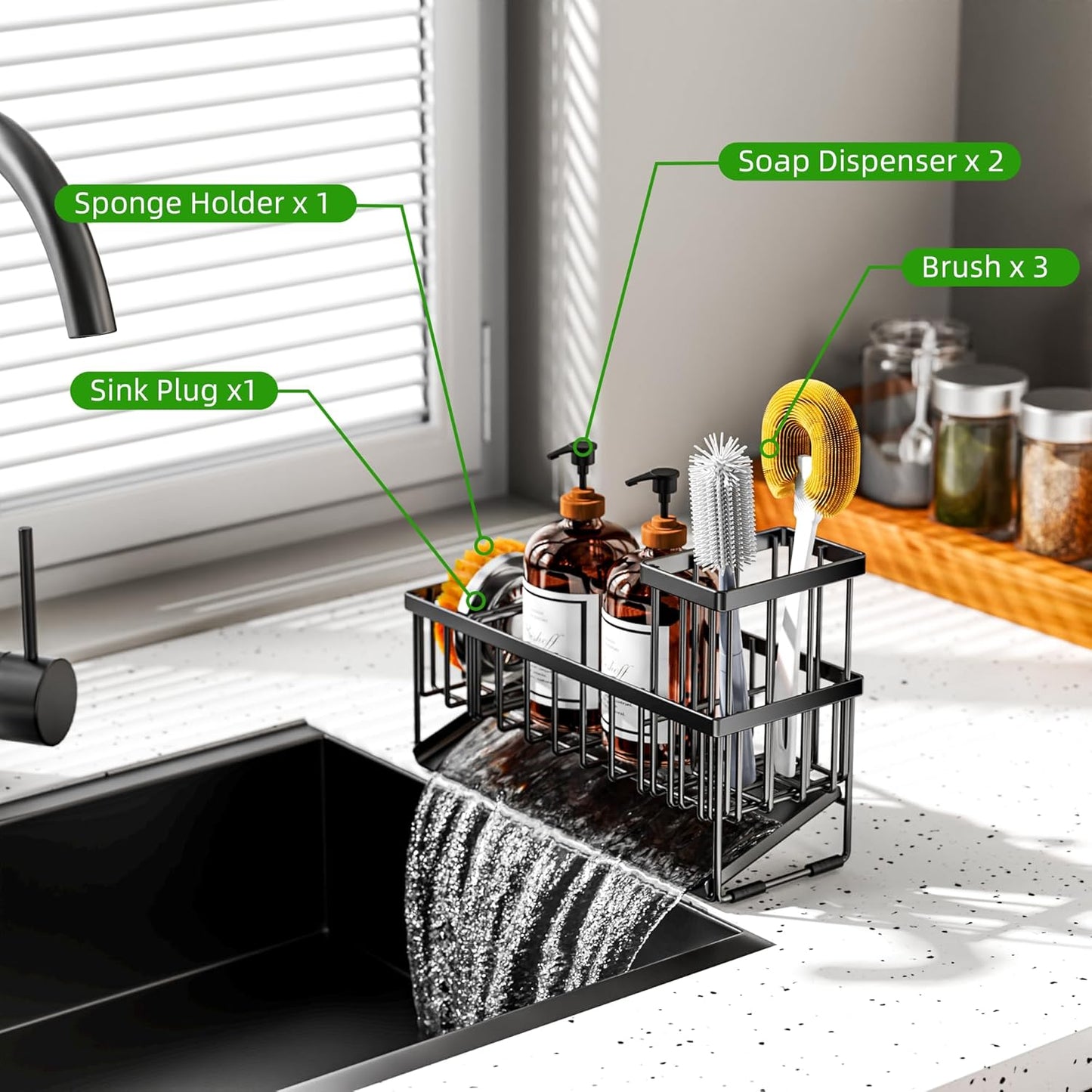 Cisily Extra Large Kitchen Sink Caddy Organzier with High Brush Holder, Sponge Holder for Sink, 304 Rustproof Stainless, Kitchen Countertop Soap Dispenser Organizer For Decor and Accessories