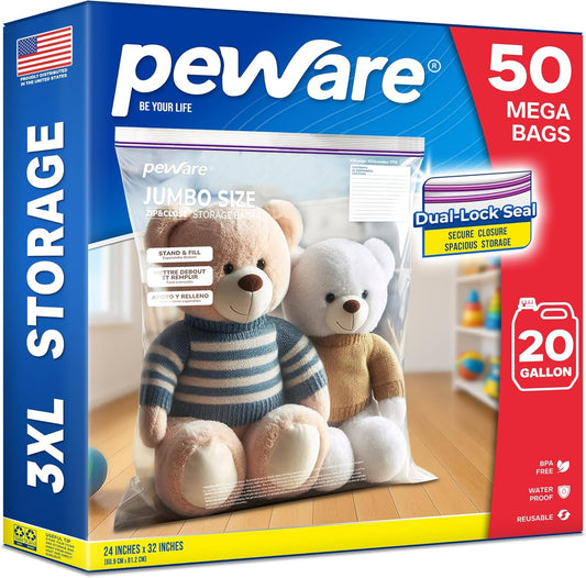 Large Storage Bags, 24"x32" Jumbo Plastic Bag, BPA Free, 20 Gallon 3XL Zipper Lock Baggies for Clothes Pillow Travel Moving - 50 Mega Bags