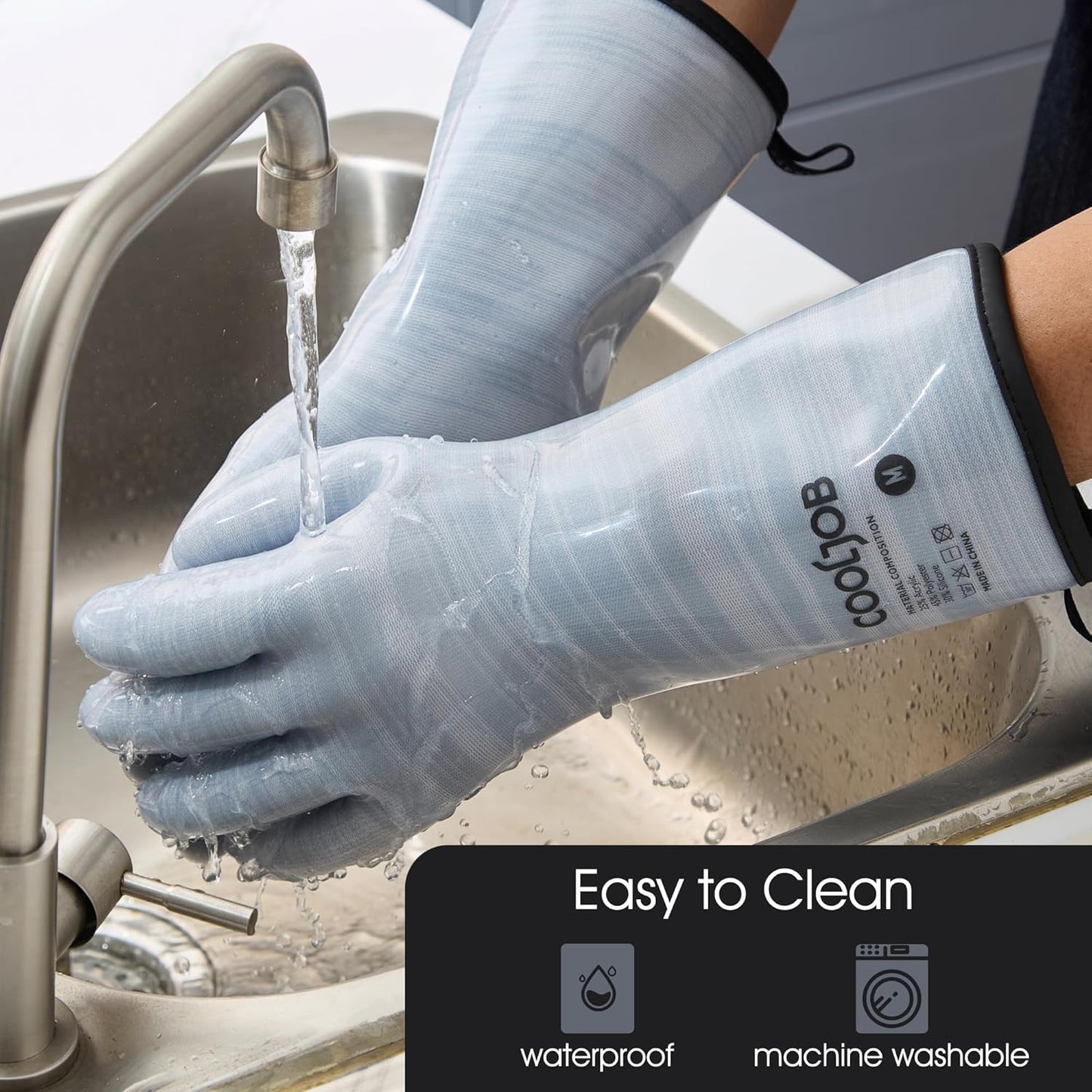 COOLJOB Heat Resistant Oven Gloves, Waterproof Liquid Silicone BBQ Grilling Gloves for Barbecue, Kitchen Cleaning, Baking, Blue, Large