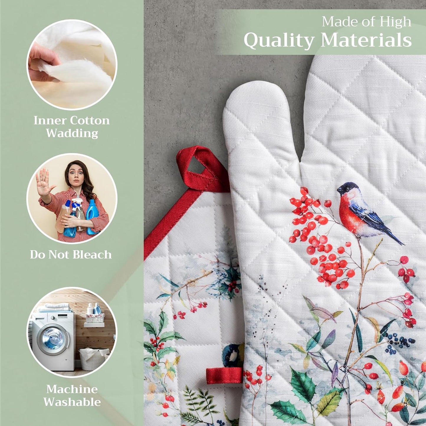 Maison d' Hermine 100% Cotton Oven Mitt & Pot Holder Set (7.5"x13" & 8"x8") Heat Resistant BBQ Cooking Gloves with Loop, Baking, Grilling, Kitchen, Handling Hot Pans (Morzine)