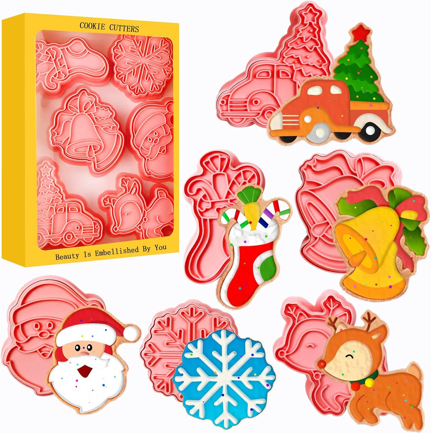 Leesgel Christmas Cookie Cutters, 3D Christmas Holiday Cookie Cutters Shapes with Santa/Xmas Tree/House/Deer, Christmas Party Decorations Ornaments