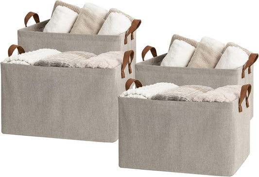 StorageWorks Storage Baskets for Shelves with Metal Frame, Organizing Bins, Fiber Shelf Baskets, Brown and Beige, 4-Pack