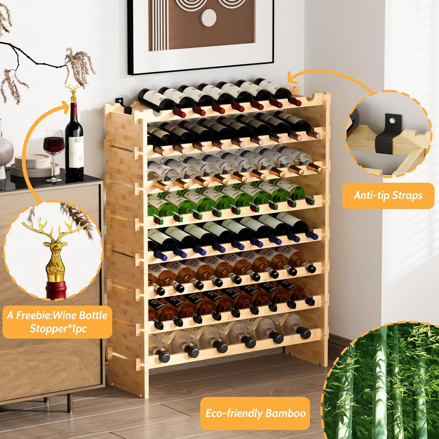 Wine Rack Freestanding Floor, Bamboo 8-Tier 69 Wine Bottle Holder Racks Countertop Cabinet Display, Wooden Stackable Modular Wine Storage Organizer Shelves for Kitchen Bar Cellar Dining Room Natural