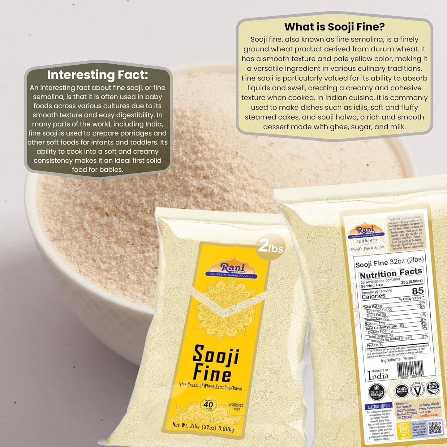Rani Sooji Fine (Farina, Suji, Rava, Wheat) Flour 32oz (2lbs) 908g ~ All Natural | Vegan | NON-GMO | Kosher | Indian Origin