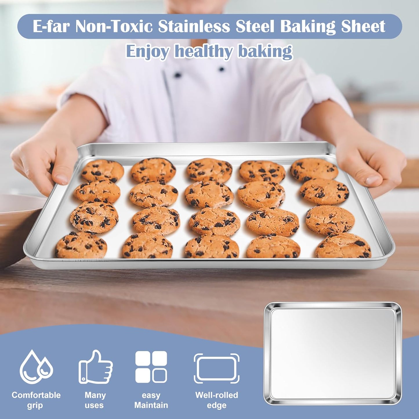 E-far Stainless Steel Baking Sheet, 12.4” x9.7” Baking Cookie Sheet Pan for Oven, Non-toxic Metal Toaster Oven Tray for Cake Cookie, Healthy & Rust Free, Mirror Finish & Dishwasher Safe, 1 Pack