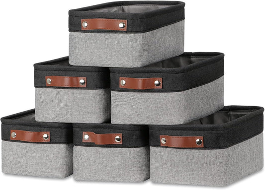 DULLEMELO Small Storage Baskets for Shelves, Small Fabric Collapsible Rectangular Storage Bins for Shelves, Closets, Nursery, Home, Office, Empty Gift Baskets (6-Pack, Black&Gray)