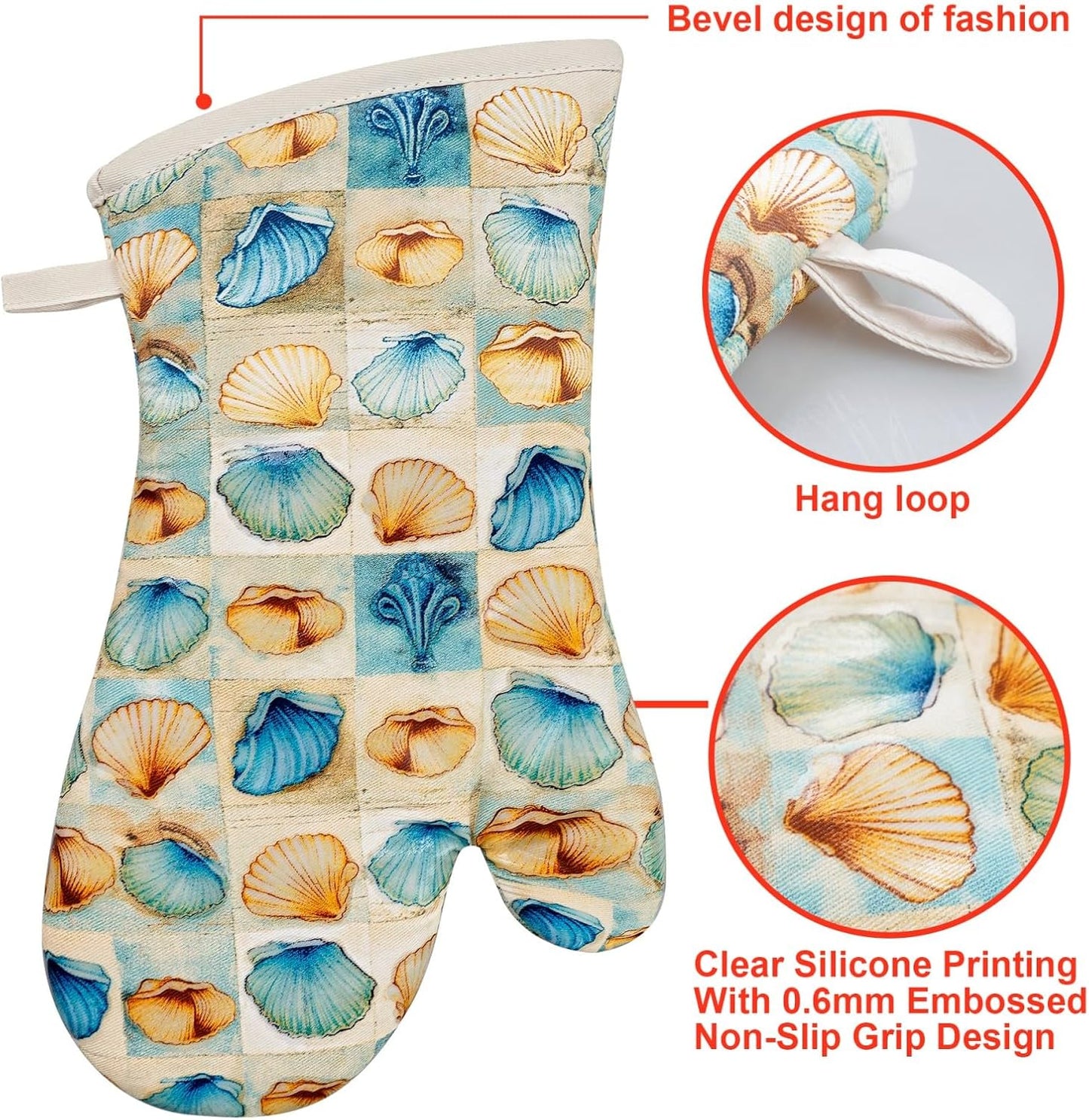 Oven Mitts Gloves 1 Pair Heat Resistant 480 ℉ Non Slip Clear Silicone Printed Shell Comfortable Cotton Lining Kitchen Men Cooking Barbecue Machine Washable (Shell, Beige Mitts)