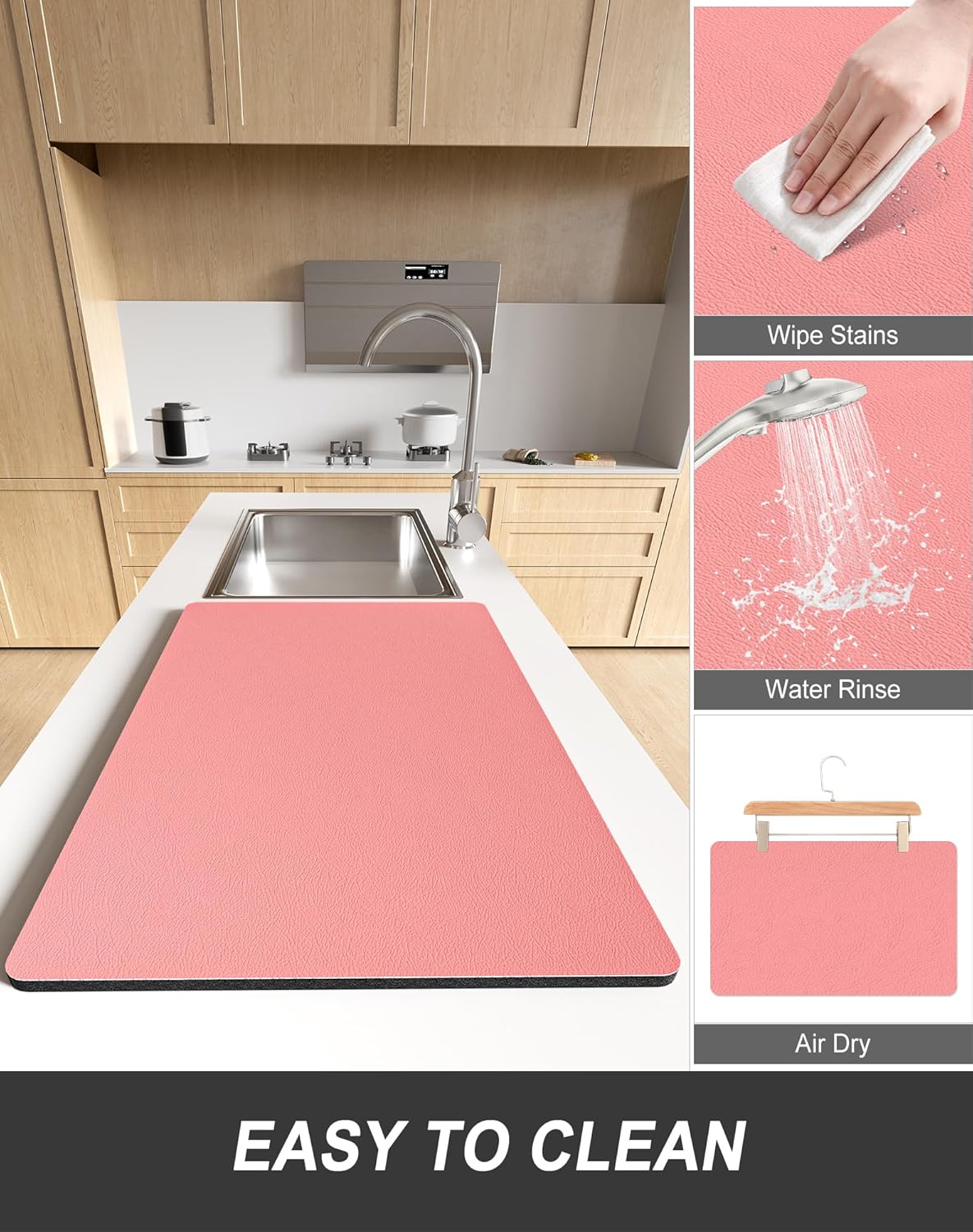 Rnivvi Dish Drying Mat for Kitchen Counter, 12 x 19" Super Absorbent Drainer Pad Easy Clean Dish Rack Pad, Non-Slip Heat Resistant Coffee Bar Mats for Coffee Machine Station Accessories, Rose Pink