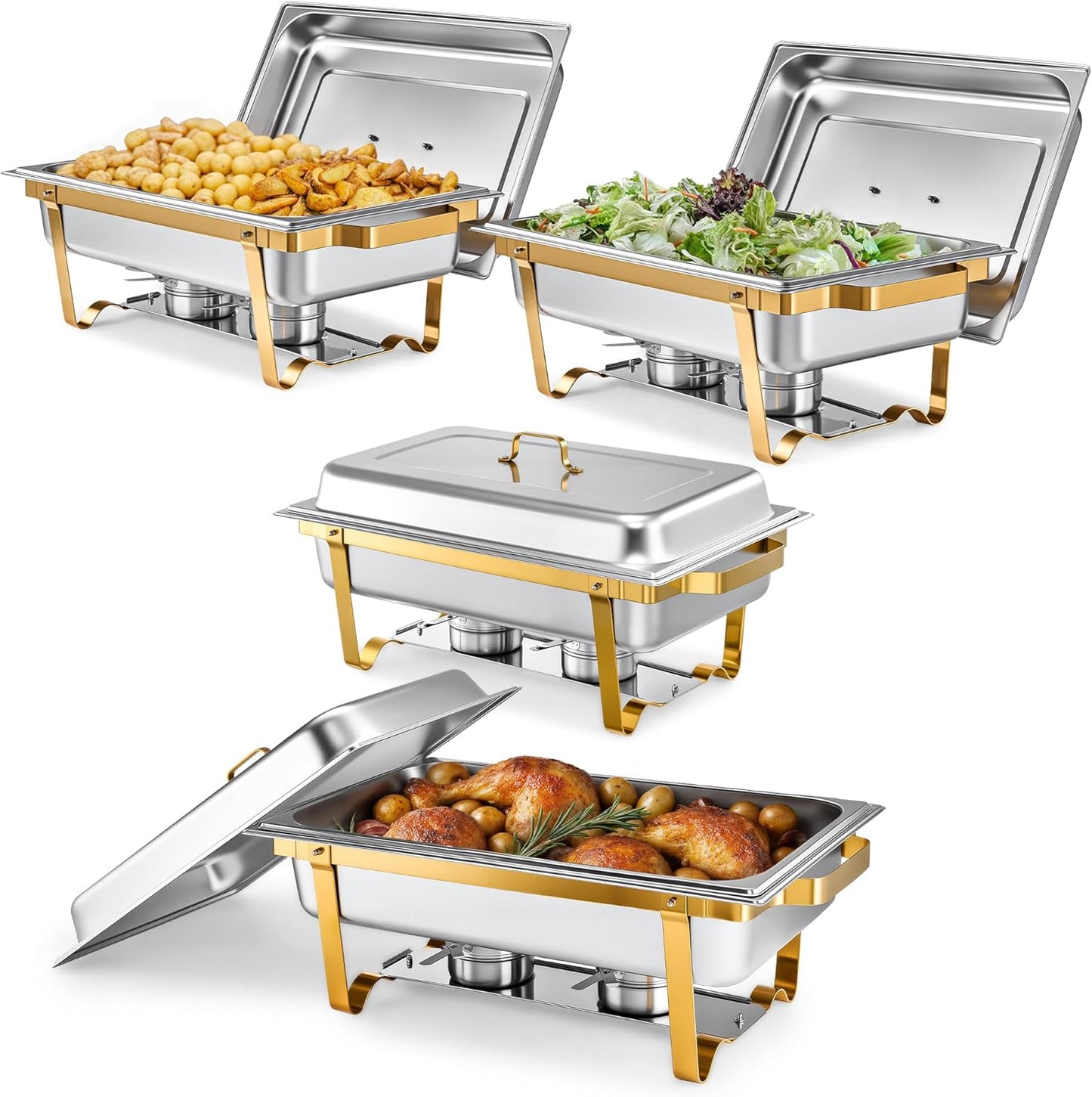WILPREP Chafing Dishes for Buffet, 4 Pack 9 qt Chafer and Buffet Warmer Set with Full Size Pans & Foldable Frames, Food Grade Stainless Steel Food Warmers for Parties Buffets Banquets, Gold & Silver