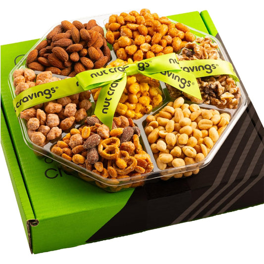 NUT CRAVINGS - Mixed Nuts Gift Basket + Green Ribbon Classic (7 Assortments, 1 LB) Food Arrangement, Healthy Snack Care Package, Food Assortments