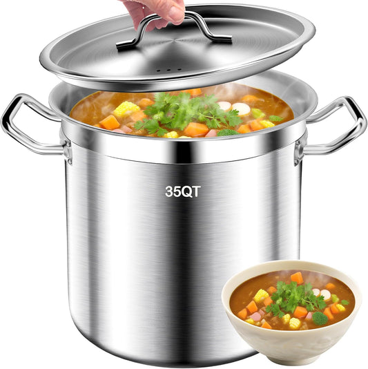 Large Stock Pot - 35Qt Brushed Stainless Steel Stock Pot With Lid - Heavy Duty Induction Commercial Grade Stockpots for Soup, Stew, Oven, Gas, Ceramic, and Dishwasher Safe
