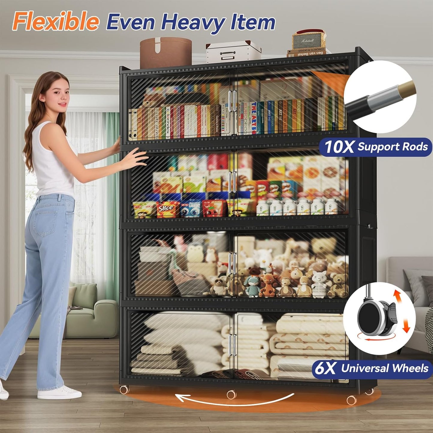 320GAL Extra Large Storage Bins with Lid, 1280QT Plastic Stackable Storage Bins with 6x Wheels, Collapsible Closet Organizer and Storage Drawer Cabinet for Living Room Office Dorm, 4Pack Black