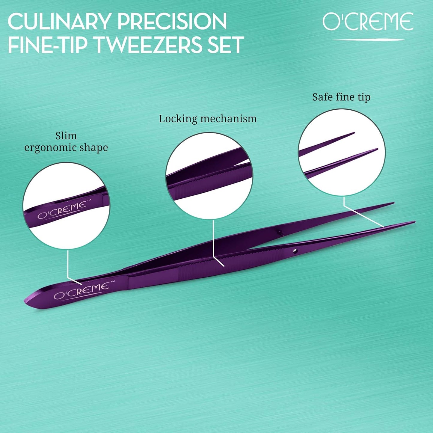 O'Creme Stainless Steel Precision Kitchen Tweezer Tongs 6.25" with Fine Tip (Purple)