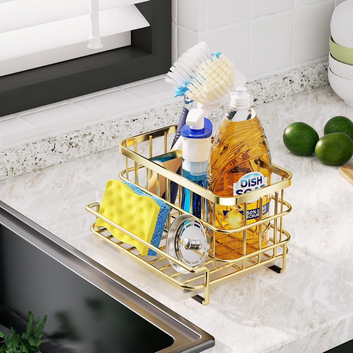 HapiRm Multifunctional Kitchen Sink Organizer with Removable Drain Tray, Quick Draining Rustproof Sink Caddy, Stainless Steel Kitchen Sponge Holder for Holds Sponge, Cleaning Towel and Scrubber - Gold