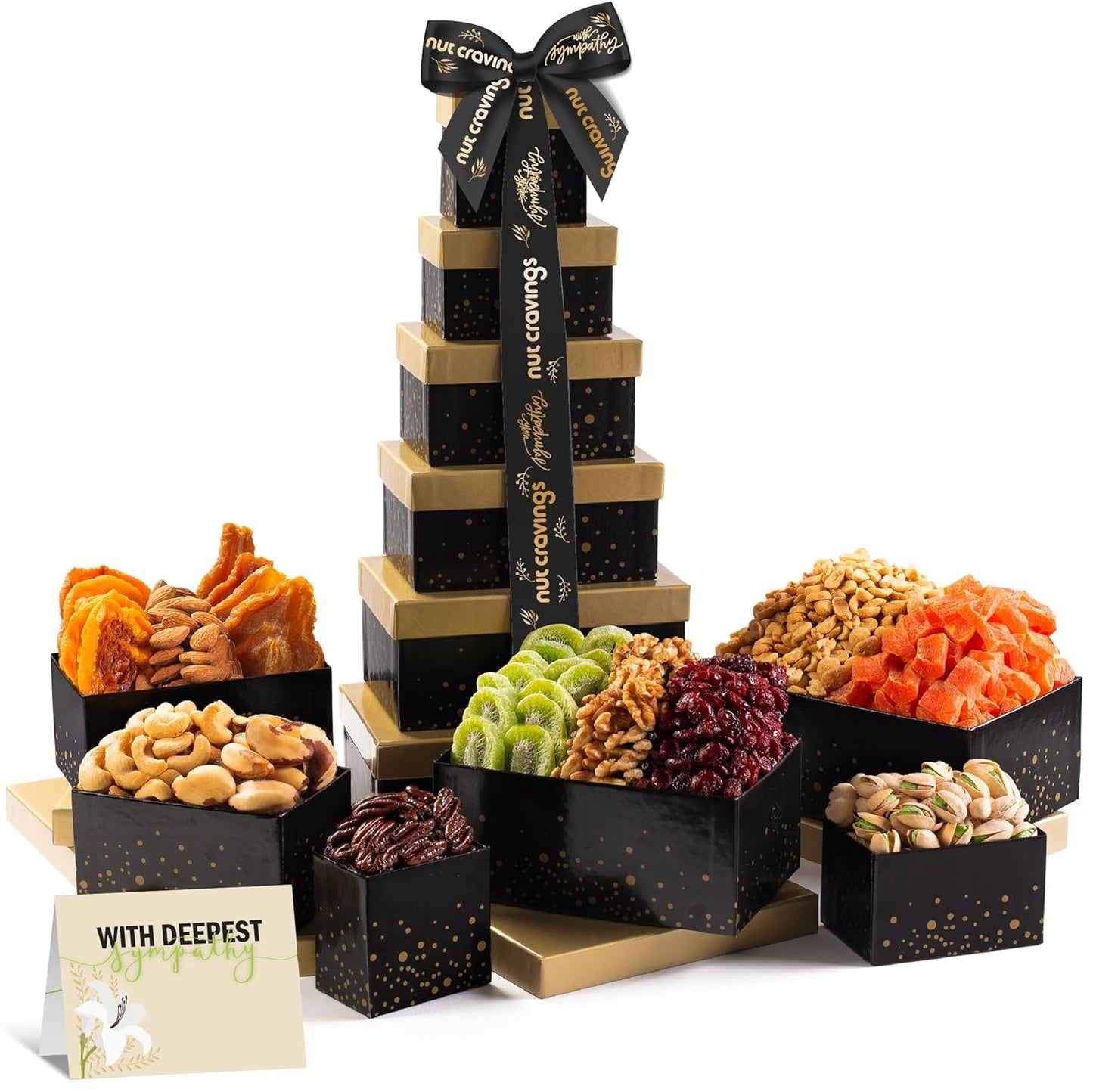 NUT CRAVINGS Gourmet Collection - Sympathy Condolence, Nuts & Dried Fruits Tower Gift Basket, with Sympathy Ribbon + Greeting Card (12 Assortments) Food Arrangement, Healthy Snack, Food Assortments