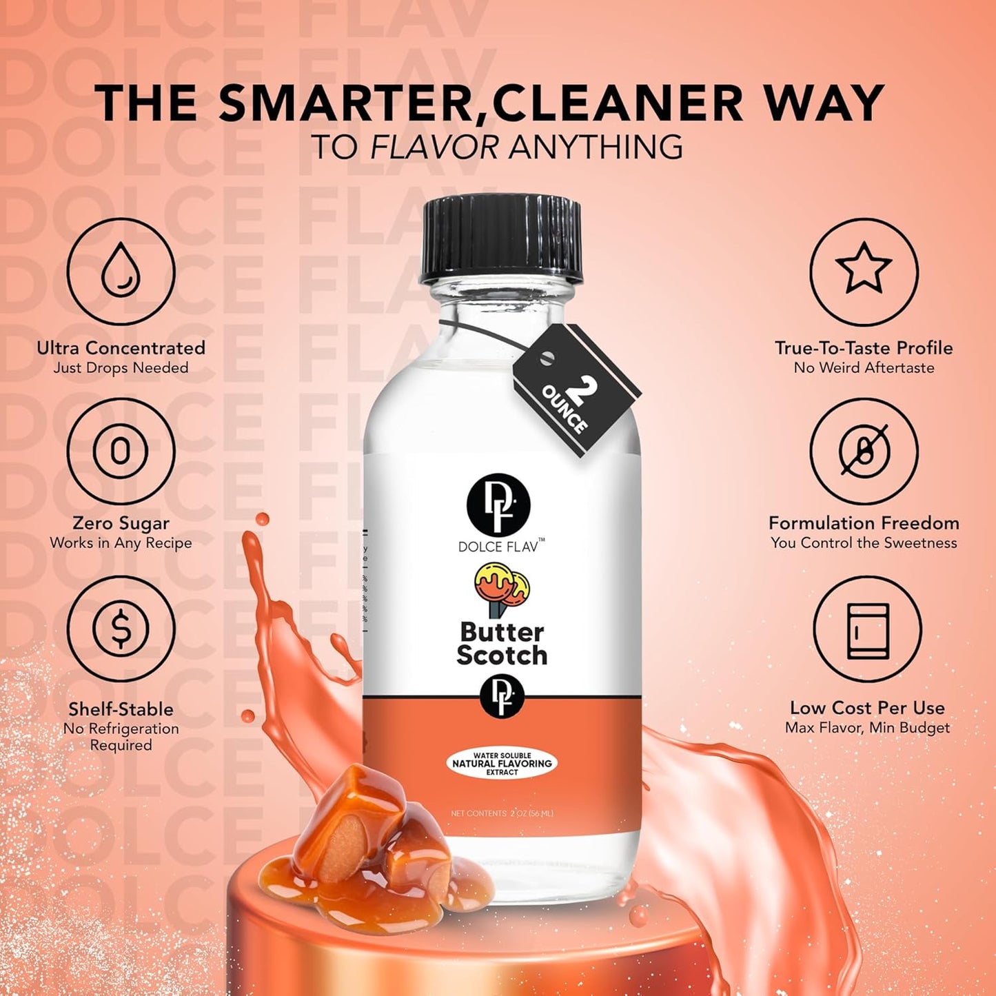 Dolce Flav Natural Butterscotch Extract 2 oz – Kosher, Sugar-Free, Concentrated Rich Butterscotch Flavoring for Baking, Beverages & Desserts, Includes Measured Dropper