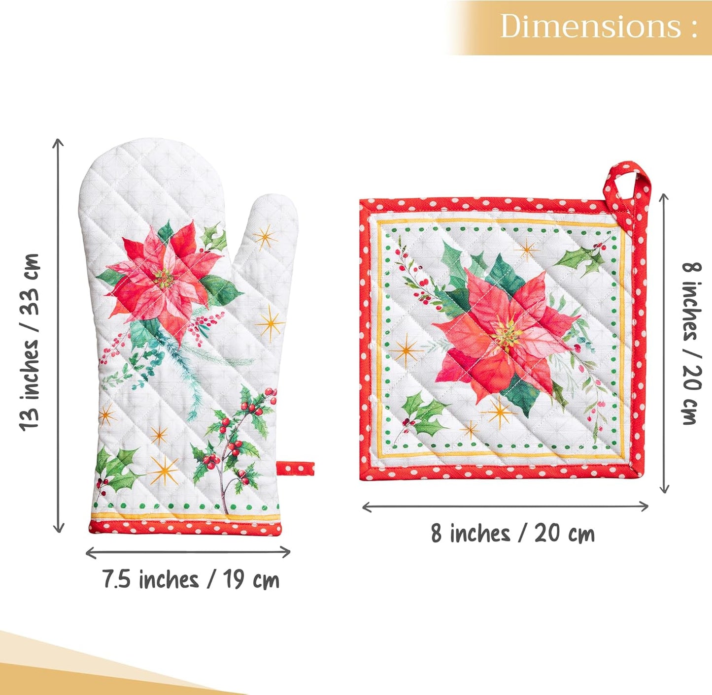 Maison d' Hermine 100% Cotton Oven Mitt & Pot Holder Set (7.5"x13" & 8"x8") Heat Resistant BBQ Cooking Gloves with Loop, Baking, Grilling, Kitchen, Handling Hot Pans (Poinsettia Christmas)