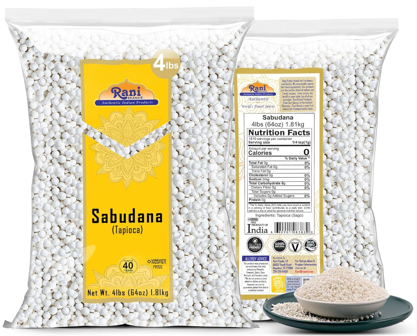Rani Sabudana (Tapioca/Sago) Pearls 64oz (4lbs) 1.81kg Bulk ~ All Natural | Vegan | No Colors | NON-GMO | Indian Origin