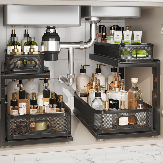 2 Pack 18.5IN-Depth Under Sink Organizer With Next-Gen Ball-Bearing Slides,2-Tier Precision Mesh Pull Out Cabinet Storage for Bathroom&Kitchen,Height Adjustable Drawers Shelf,Anti-rust-Black