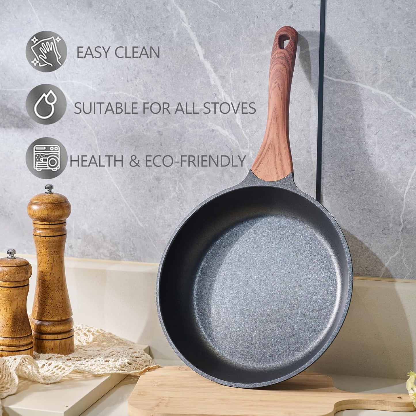 Nonstick Skillet 9.5 Inches Black Granite, Non Stick Frying Pan For Chef Cooking, Omelette Pan Egg Frying Healthy Stone Cookware, Compatible with All Stovetops, PFOA Free (Black, 9.5inch)