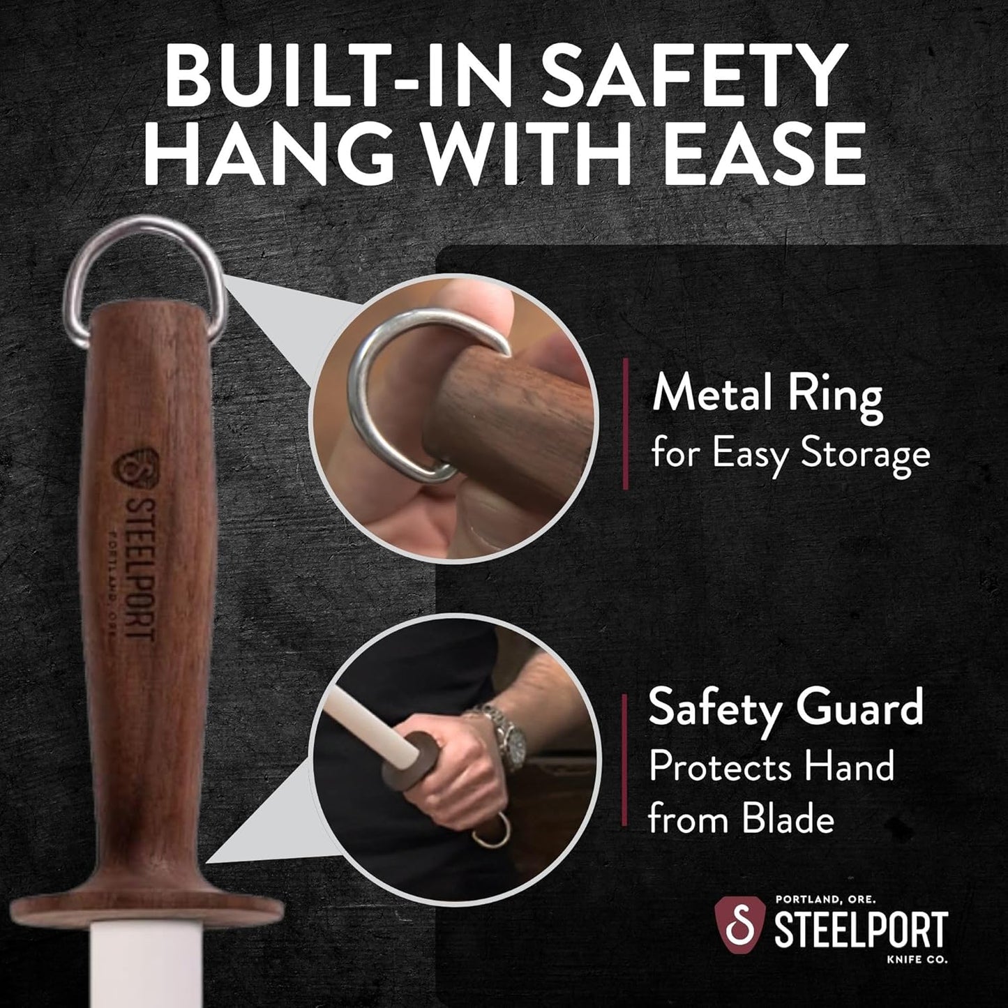 STEELPORT 12 inch Oval Ceramic Honing Rod | Professional Knife Sharpener Rod with Oregon Black Walnut Handle, Safety Guard | Premium Serrated Blade Sharpener For All Knife Types