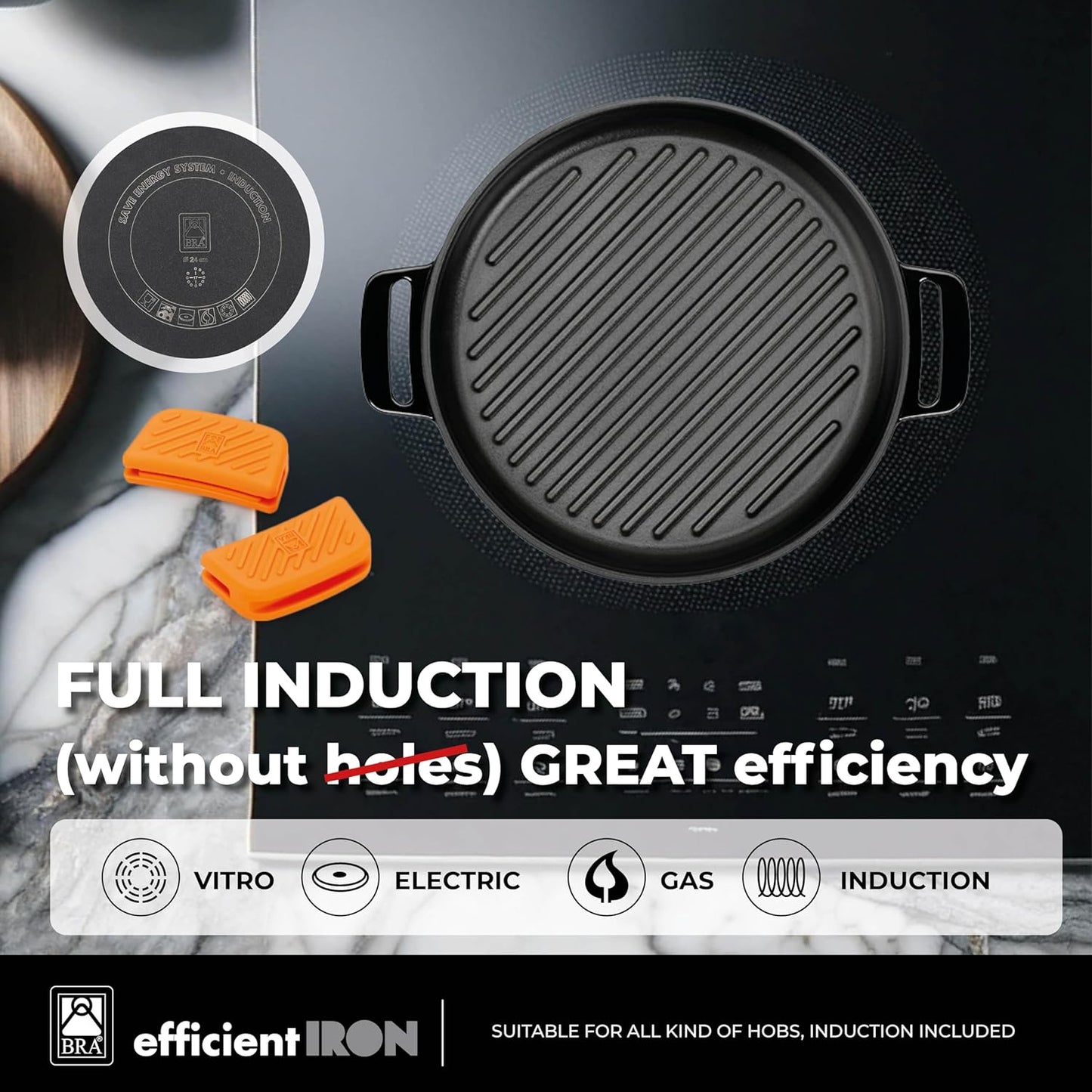 BRA COOKWARE Efficient Iron Round Ribbed Grill | 12.6 inches Cast Iron Round Griddle | All Heat Sources Compatible | PFOA Free | Without Non-Stick | Silicon Handle | Non Deformable