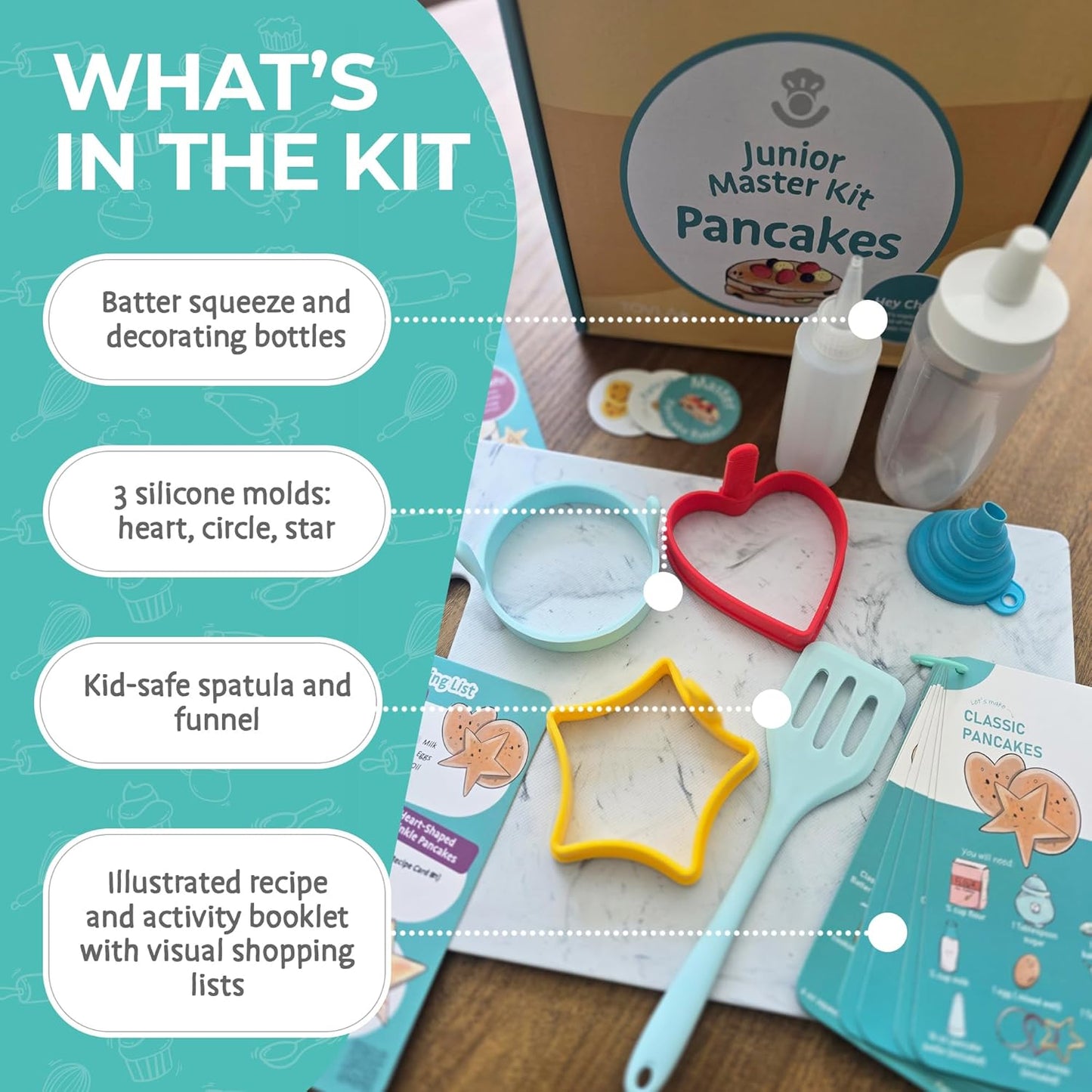 Tovla Jr. Junior Pancake Master Kit for Kids – Real Cooking Set with Reusable Silicone Pancake Molds, Batter & Decorating Bottles, Kid-Safe Spatula & Illustrated Recipe Booklet, Ages 6–12